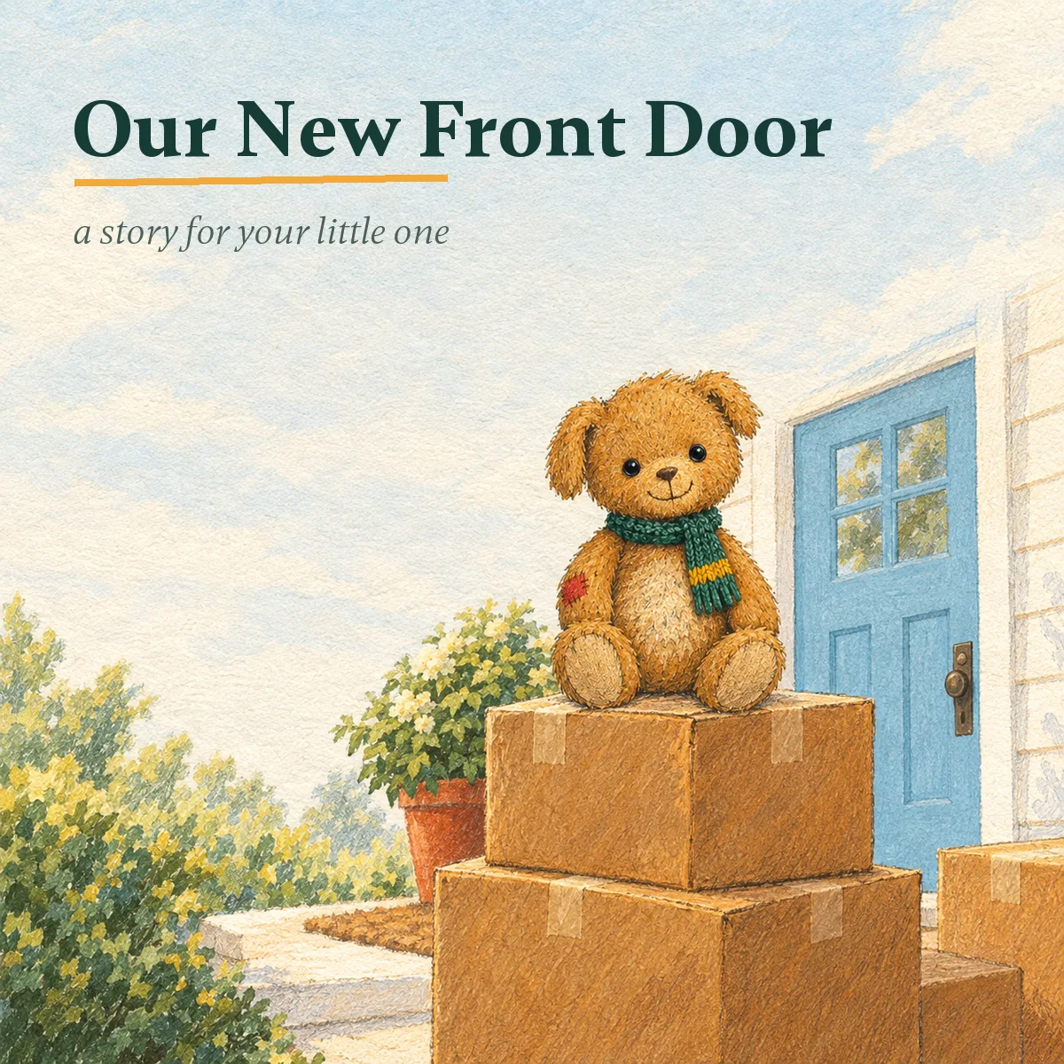 Cover of Our New Front Door: Duffle sitting on moving boxes in front of a blue door.