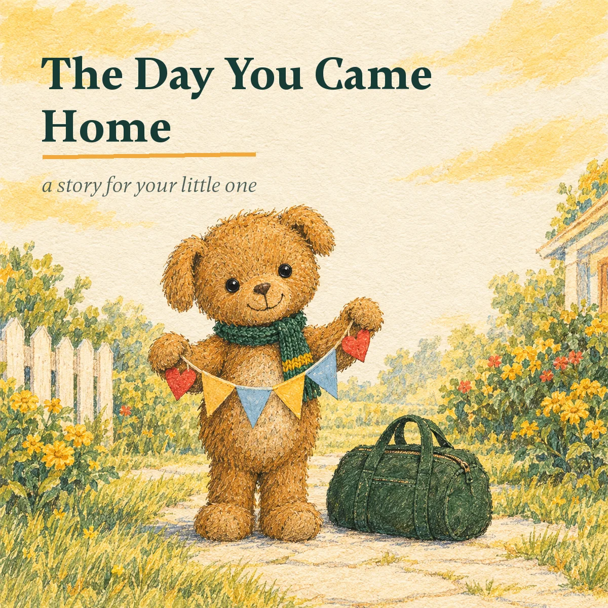Cover of The Day You Came Home: Duffle holding a paper welcome banner in a sunny yard.
