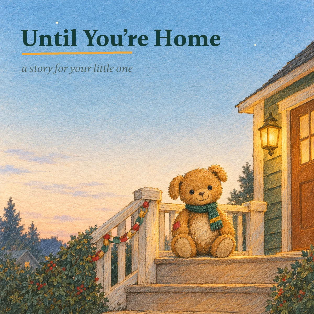 Cover of Until You're Home: Duffle the bear on a porch step at dusk with the porch light on.