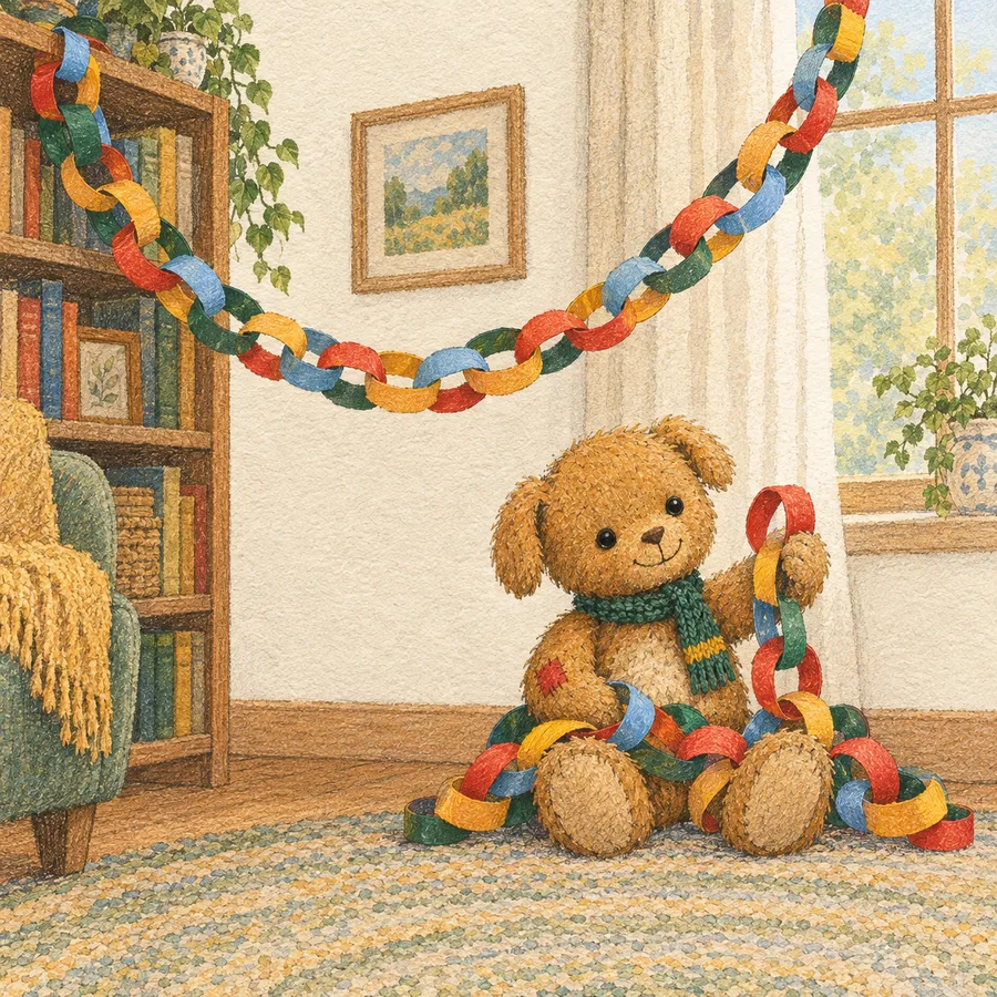 Duffle tangled in a long colorful paper chain.
