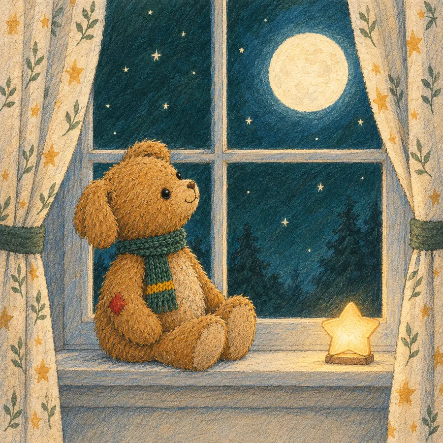 Duffle on a window sill looking at a full moon.