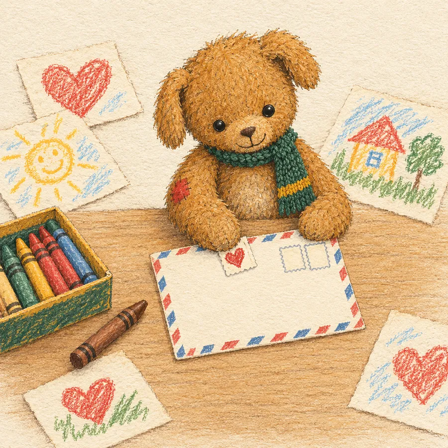 Duffle putting a sticker on an airmail envelope surrounded by crayon drawings.